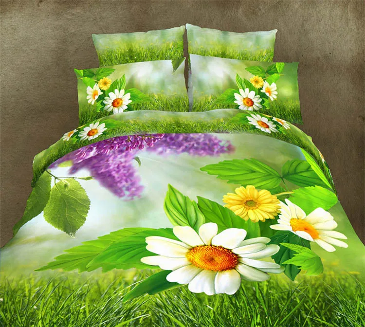 Low Cost 3d Bedding Set Bed Green Grassland Leaves White Yellow