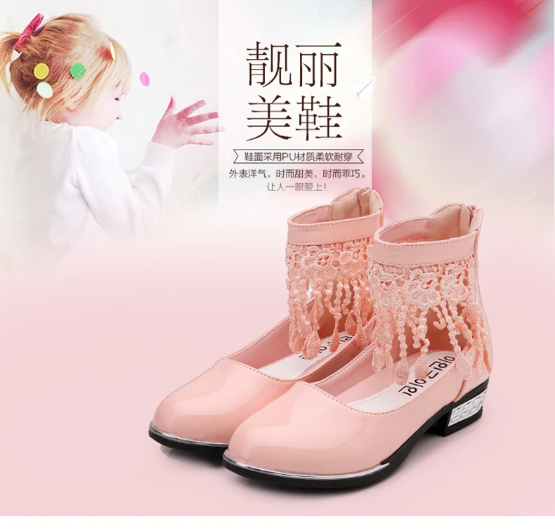 Обувь для девочек принцесса Обувь Демисезонный кисточкой Сандалии для девочек Новые Детские Обувь Высокие каблуки принцессы с бантом