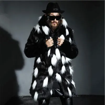 

S/4Xl Mens Imitation Fur Jackets Long Section Hooded Black White Winter Warm Mixed Color Fake Faux Fox Fur Overcoats Top K1125