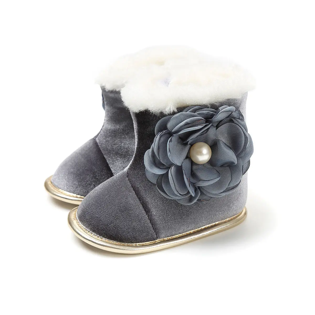 Новое поступление; брендовые ботинки мокасины с бантом и цветами для маленьких девочек; зимняя обувь на мягкой подошве; теплые зимние ботинки на молнии - Цвет: Серый