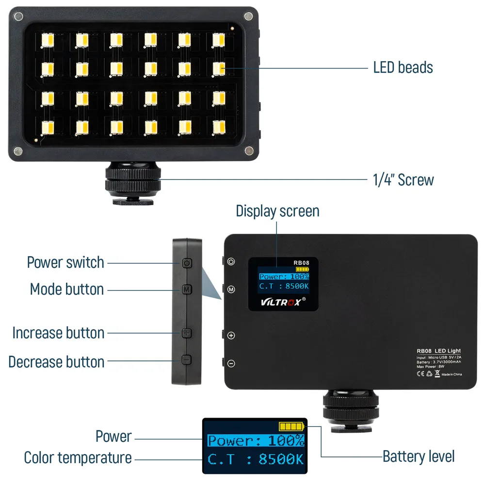 Viltrox RB08 Мини светодиодный свет портативный заполняющий свет двухцветный 2500-8500K Встроенный аккумулятор для телефона камеры съемки студии Vlog