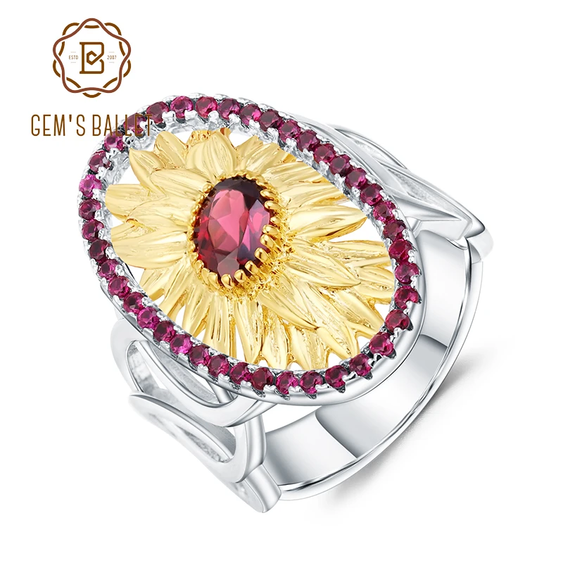 

GEM'S BALLET 1.00Ct Natural Rhodolite Garnet Sunflower Rings Real 925 Sterling Silver Oval Handmade Ring for Women Fine Jewelry