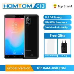 Оригинальный HOMTOM C13 Android GO смартфон 5,0 дюйма 8:9 FHD MT6580M 4 ядра сотовый телефон 1 ГБ Оперативная память 8 GB Встроенная память 2750 mAh 3g мобильного