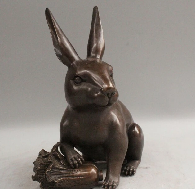 

wholesale factory 10.5" Chinese Fengshui Bronze Fu Wealth Zodiac Rabbit Cabbage Statue Sculpture