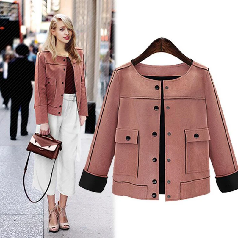 2018 British Style Women Short Jacket Fashion Autumn Winter Slim Vintage Chamois Leather Suede