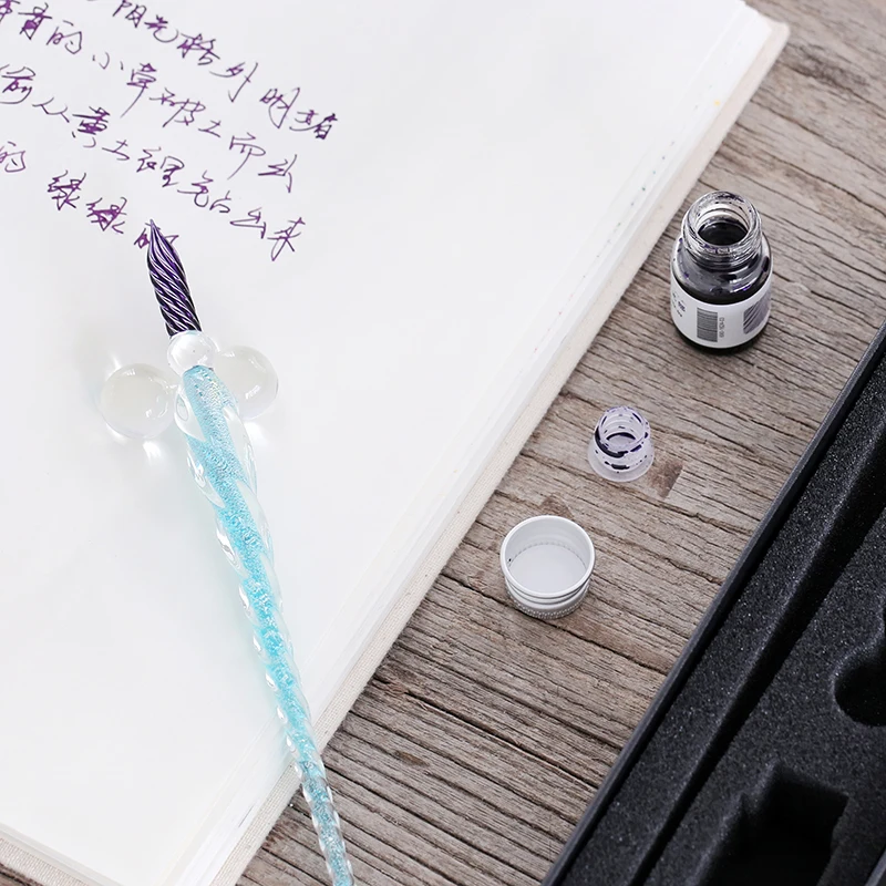 Kaufen Kreative Glas Stift Tauch Wasser stift Art schrift Kristall brunnen pen set Exquisite geschenk Box Pluma estilografica pluma de vidrio