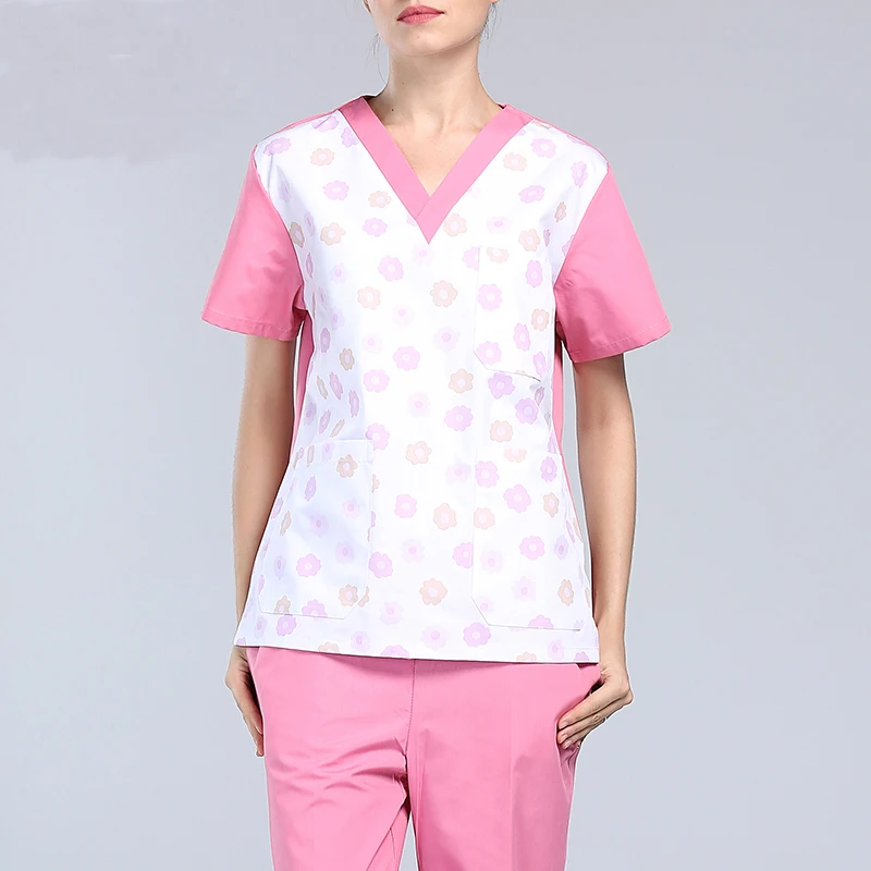 Fashion Print Design V Neck Collar Women Scrub Sets Medical Gowns