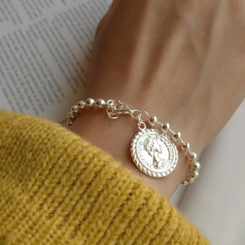 

925 Sterling Silver Drop Coin Bead Chain Bracelets Queen Head Charm Pure 925 Silver Wild Design Bracelets For Women Fine Jewelry