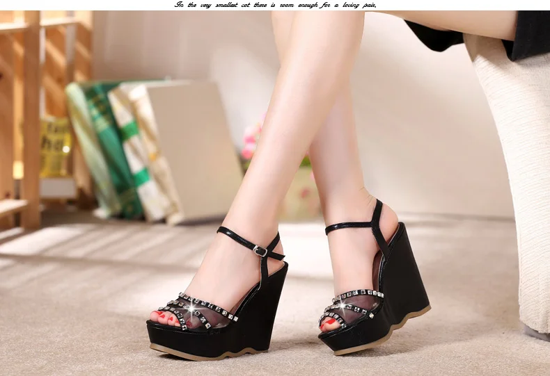 28_2016 Summer Fashion Elegant Footwear Peep Toe Black High Heeled Platform Sandals Silver Diamond Wedges Shoes Women Small Size