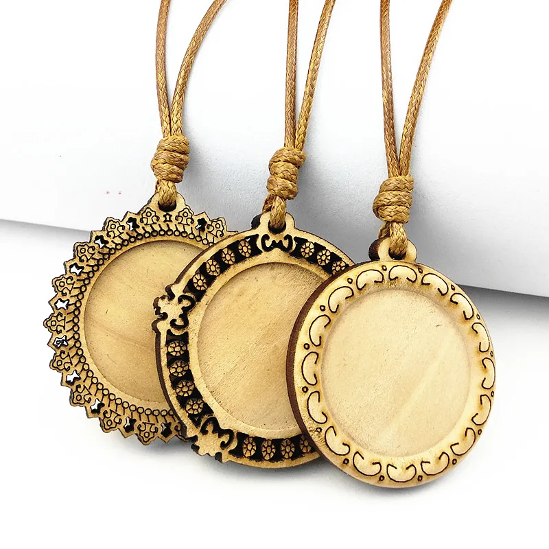 

Jiangzimei 24pcs log color wood cabochon trays 25mm dia blank Pendant bezel with Wax Rope for Necklace making jewelry wholesale