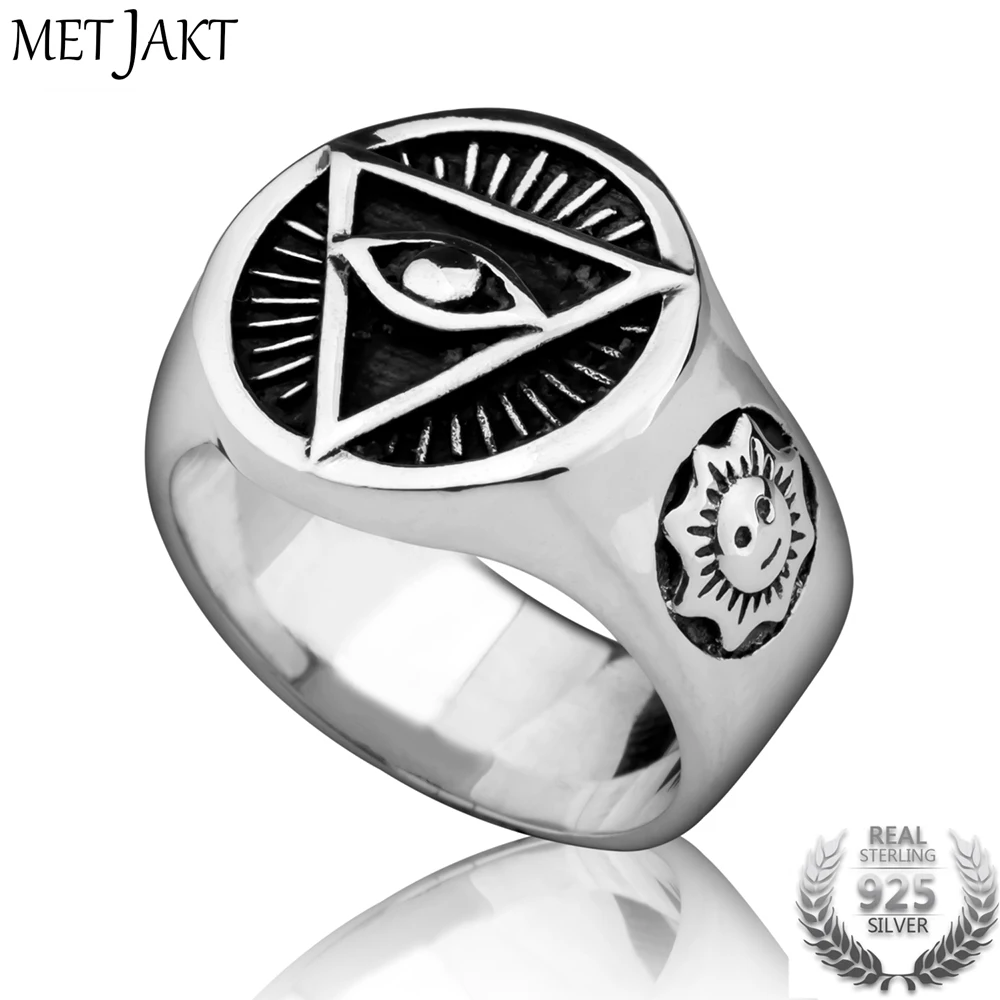

MetJakt Masonic Triangle Evil Eye Ring Solid 925 Sterling Silver Handmade Masonic Rings for Unisex Punk Jewelry