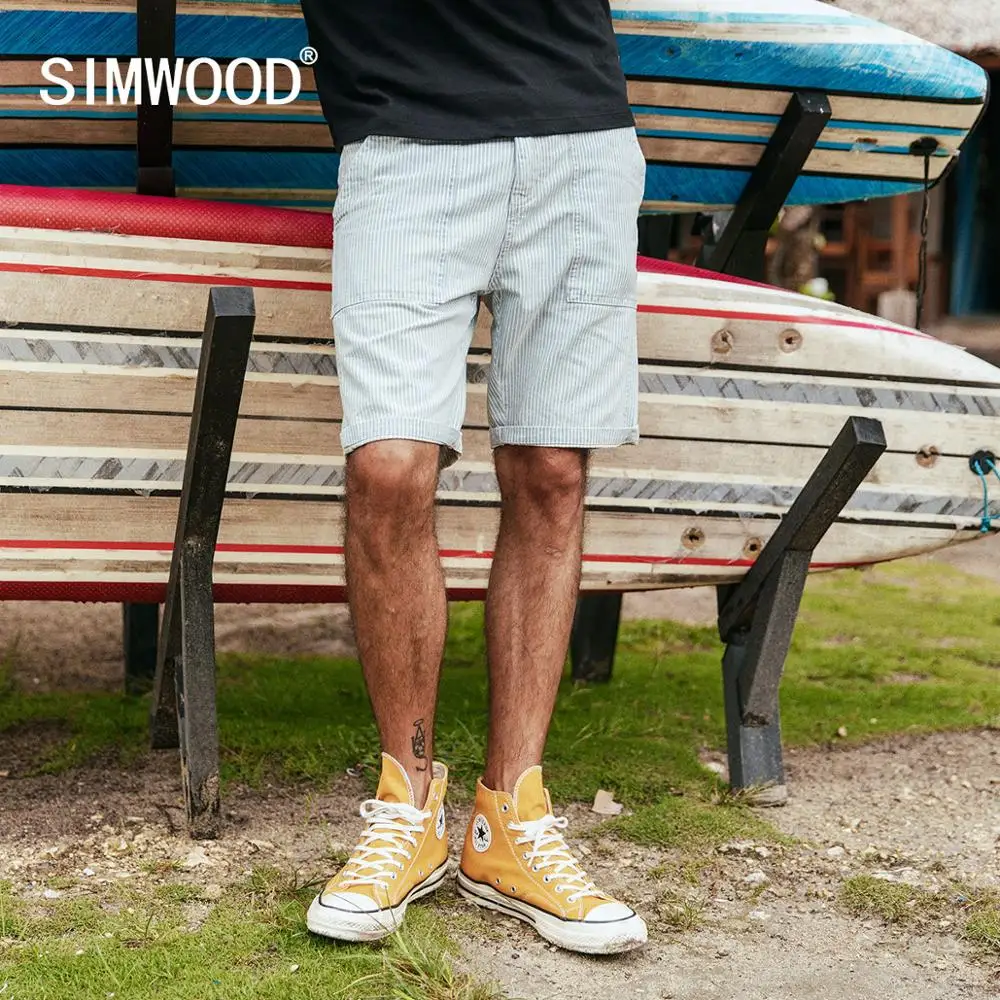 

SIMWOOD 2020 vertical striped denim shorts men cargo causal 100% cotton high quality shorts brand clothing 190005