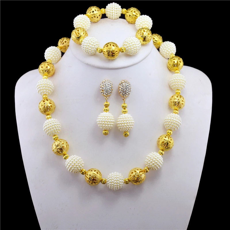 

Fashion Nigerian Wedding African Beads Jewelry set White Imitation Pearl Crystal Necklace Bracelet Earrings Jewelry Set CPS-272