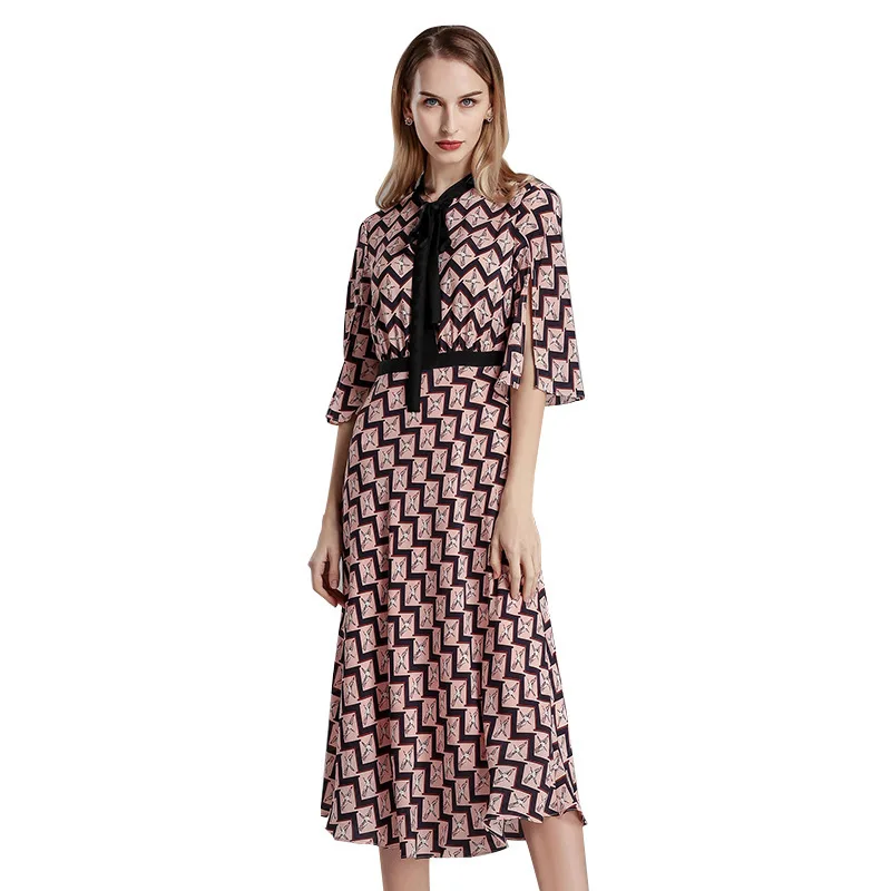 Elegant Bow Neck Floral Print Silk Women Dress Half Sleeve Female Retro Office Lady Dress 2019 Autumn Women Midi Vestidos