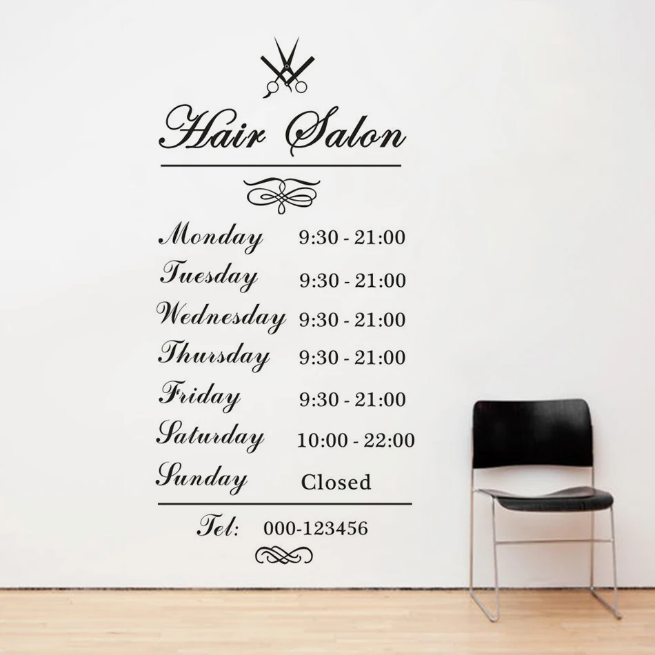Hair Salon Window Vinyl Decals Custom Work Hours Wall Sticker