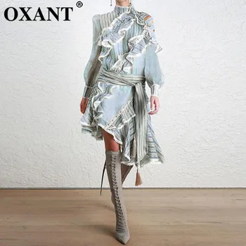 

OXANT Striped Dress Female Ruffles Off Shoulder Lantern Sleeve Belt High Waist Asymmetrical Dresses 2019 Spring Tide New