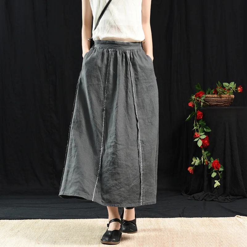 

BUYKUD Elastic waist Solid Women Skirt Plus size Linen Casual Summer Skirt A-Linen Grey Green Coffee Vintage Long Skirt