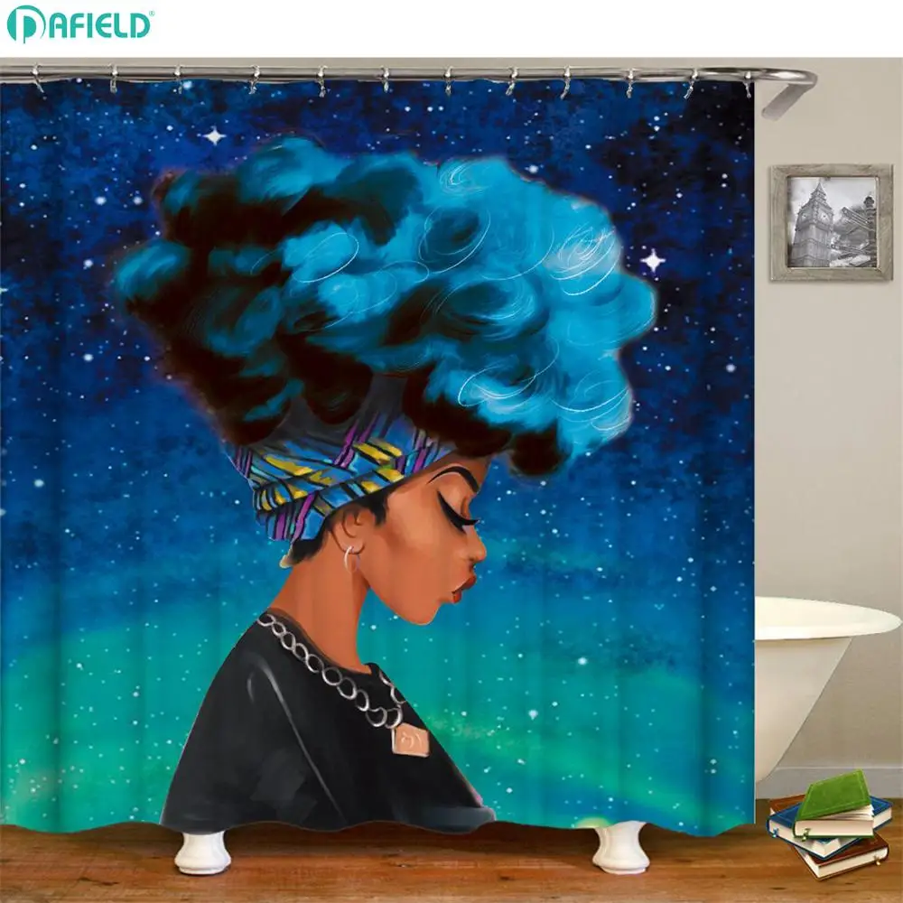 Dafield African Shower Curtain Black Girl with Blue Hair Afro Shower