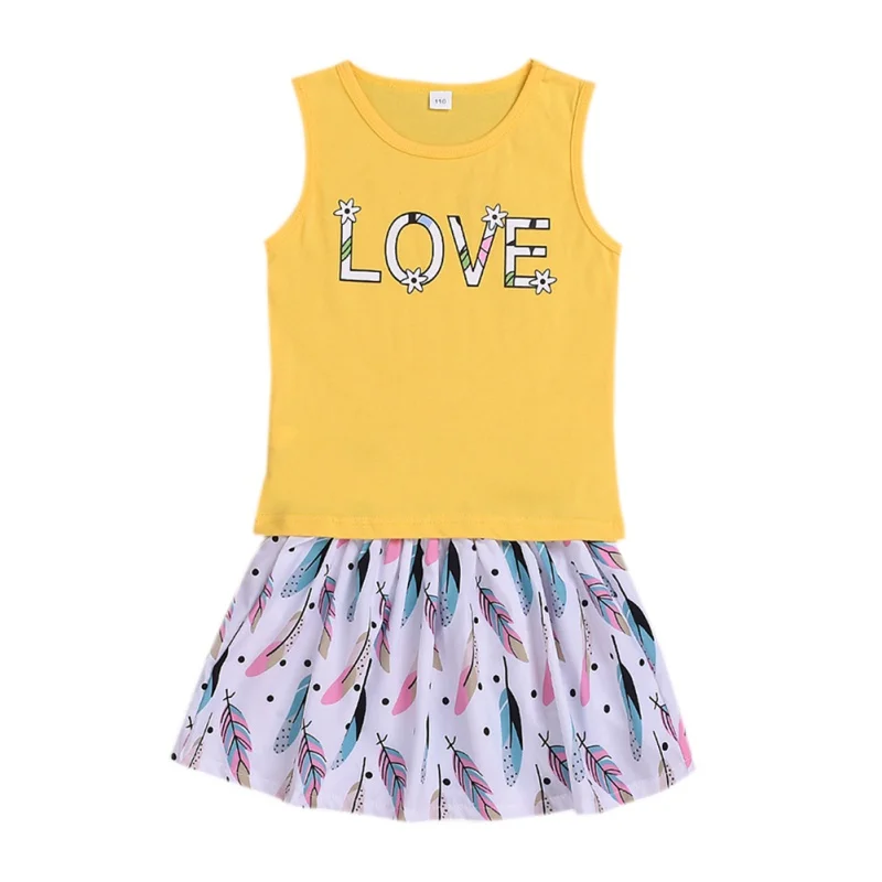 

Pullover Letter & Floral Baby Girls Casual Summer Sleeveless Vest Letter Print Blouse+Floral Short Skirts Suits Costume Set