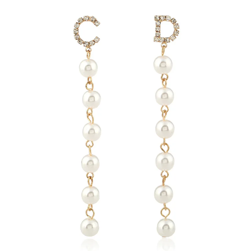 Vintage Gold color Rhinestone C& D Letter Earrings For Women long imitation pearl tassel earrings 2017 | Украшения и