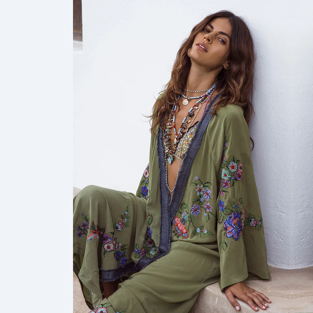 

Spring 2019 Embroidery Long Sleeve Dress Women 2019 Long Beach Dress Vintage Boho Dress Jurken Embroidery
