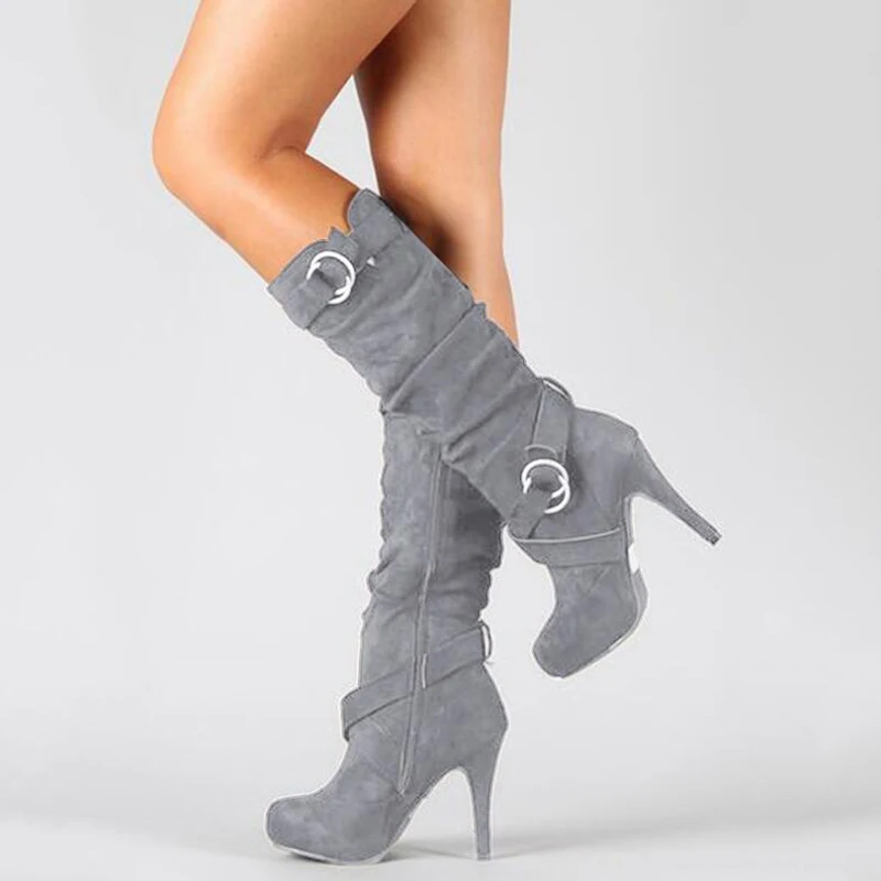 COVOYYAR/ г., облегающие высокие сапоги до колена женские осенне-зимние модные рыцарские сапоги на тонком каблуке-шпильке женская обувь с боковой молнией и пряжкой, WBS764 - Цвет: Серый