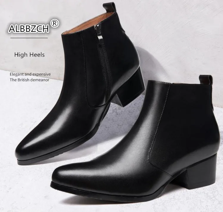 Autumn winter mens pointed toe genuine leather ankle boots men high heels quality wedding dress shoes career work boots botas 44