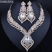 Hot sale Silver Plated White Crystal Rhinestones Feather shaped Necklace Earrings Set African Bridal Jewelry Sets