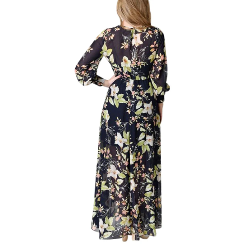 Plus Size Maxi Long Women Spring Summer Boho Beach Dress Loose Female Floral Print Chiffon Long Sleeve Casual Party Vestidos