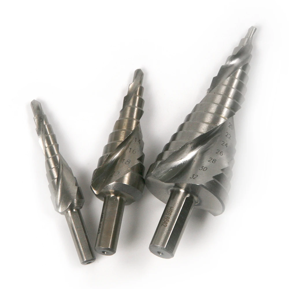 HSS6542 Spiral Step Cone Drill Bit KangTeer 3pcs M2 Steel Spiral Groove Unibit Step Drill Set Metric Cutting Metal WoodWorking Hole Drill