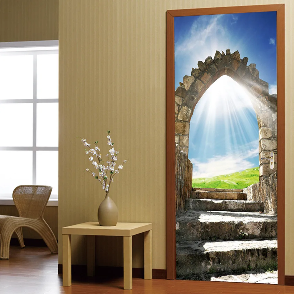 77*200 см 3D каменная терраса декорации двери Стикеры ПВХ самоклеющиеся водонепроницаемые двери обои для спальни гостиной дома дизайн
