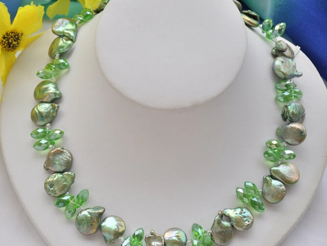

Jewelr 005979 14mm green coin freshwater pearl faceted teardrop crystal necklace 16inch