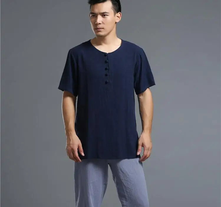 Новый китайский Стиль брендовые хлопковые льняные мужские рубашки, большие размеры Linen Short-Sleeve Shirt черный, красный, синий белая блузка