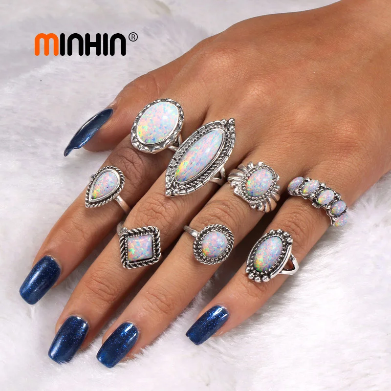 

MINHIN Women Boho Geometric Rings Set Party Jewelry New Design Retro Opal Knuckle Rings Set Jewelry 8 PCS/Set Silver Ring