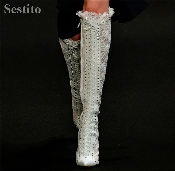 

New Fashion Black White Lace Cross-tied Catwalk Boots Pointed Toe Knee-High Boots Women Zip Thin Heels Rivet Autumn Women Shoes