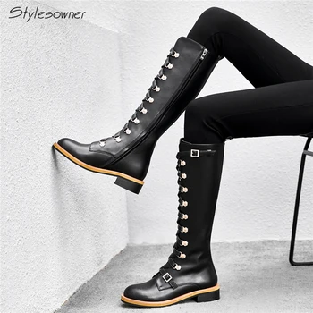 

Stylesowner Cross Tied Leather Boots Women Real Leather Long Botas Retro Lady Black Long Boots Side Zipper Buckle Strap Shoes