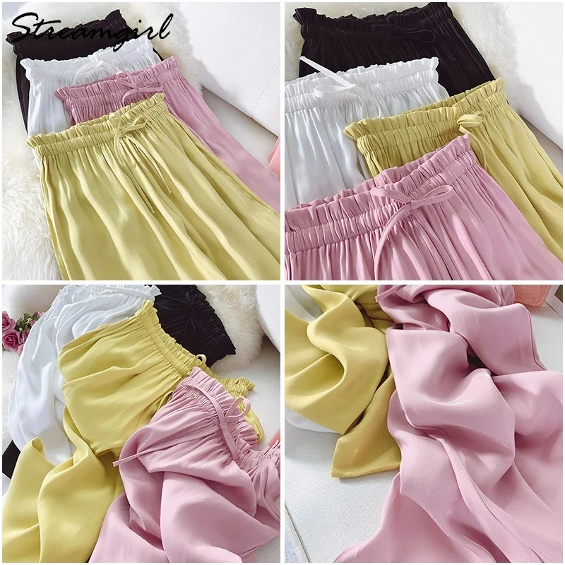 Wide Leg Satin Silk Pants Women Trousers High Waisted Elegant Summer Solid Color Wide Leg Pants Women Satin Trousers Loose New