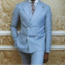 Светло-голубые двубортные смокинги для жениха, мужские свадебные вечерние костюмы для выпускного вечера, 2 предмета, приталенный Костюм Джентльмена, блейзер masculino