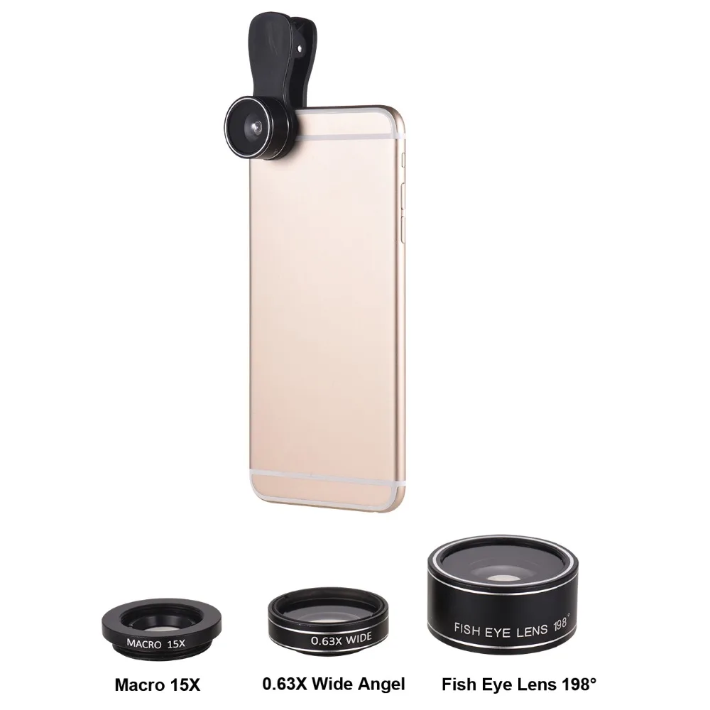 

3 In 1 Phone Camera Lens 0.63x Wide Angle 15x Macro 198 Degree Fish Eye Lenses Universal Clip-on Lens Kit Phone Accessories