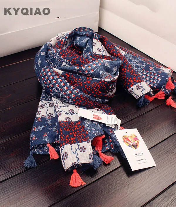 

KYQIAO Ethnic scarf 2017 women autumn spring Spain style vintage long patchwork print tassels designer scarf muffler cape shawl