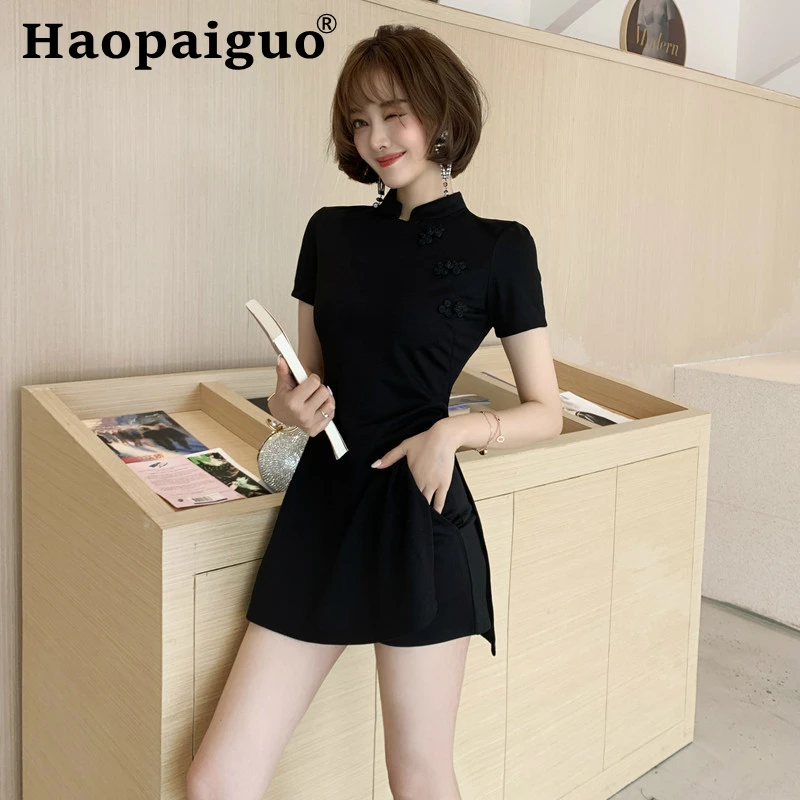 S-XXL Plus Size Vintage Two Piece Set Chinese Traditional Top Qipao Shirt for Woman and Short Pants Black Chinese 2 Piece Set