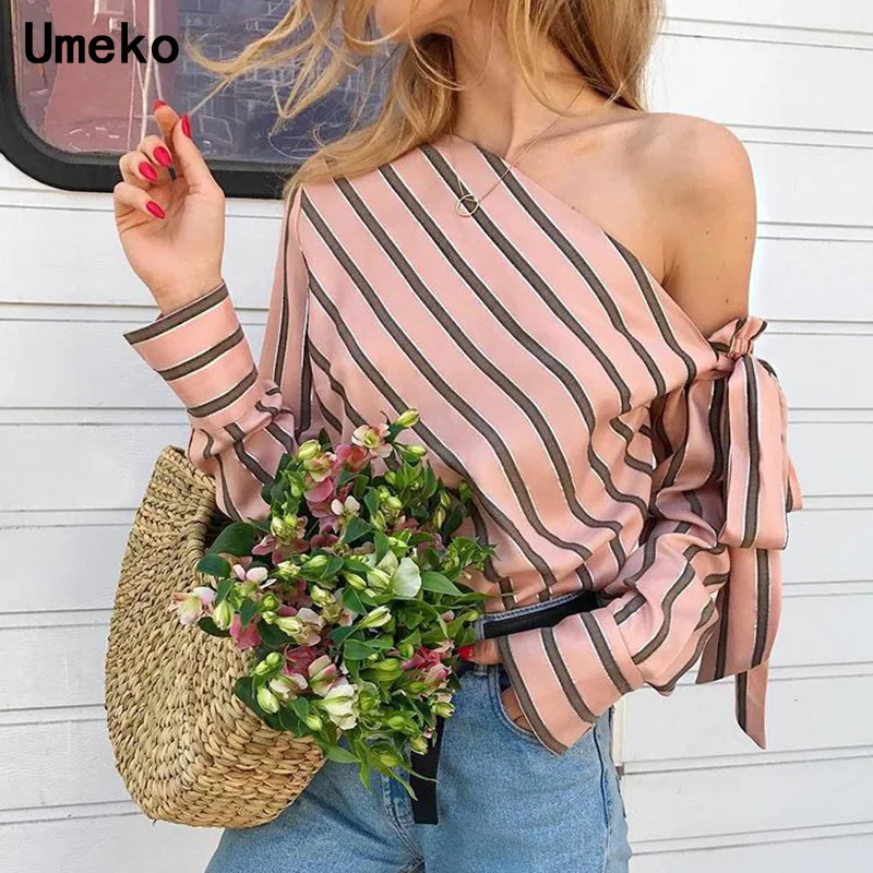 

Striped Blouse Women One Shoulder Tops Sexy Long Sleeve Bow Shirts Female Fashion Women's Blouses 2019 Chemisier Femme