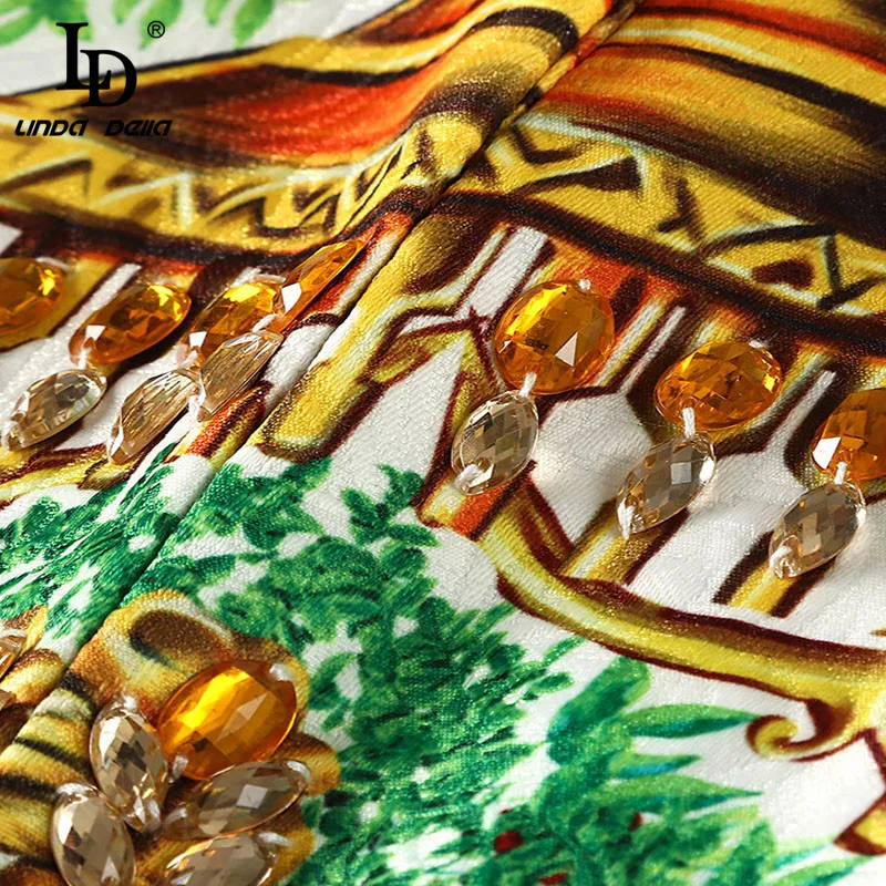 LD LINDA DELLA Autumn Winter Coats Women's Elegant Multicolor Floral Print crystal Beading Casual Outerwear Overcoat