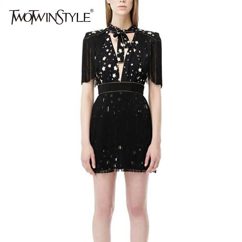 

TWOTWINSTYLE Tassel Dress For Women Print Lace Up V Neck Backless Tunic High Waist Mini Dresses 2019 Summer Fashion Sexy Clothes