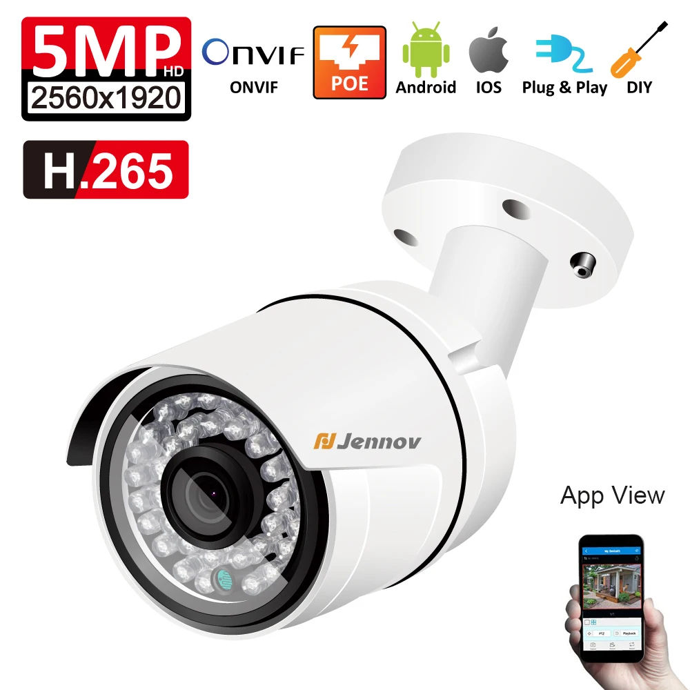 

Einnov Phone Remote View Onvif 5MP H.265 IP POE Security Camera Bullet 2MP Outdoor Waterproof Video Surveillance Cameras Network