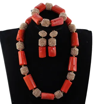

New Real Big Coral Beads Necklace Bracelet Earrings Set Chunky Statement Coral African Jewelry Set Gold/Silver Party Gift CNR063
