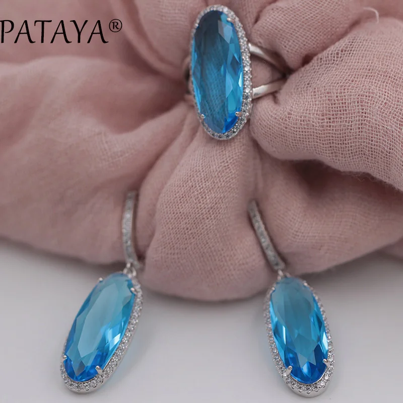 

PATAYA Bride True White Gold Jewelry Set Oval Blue Natural Zircon Long Earrings Ring Sets Women Rainbow Vintage Jewelry Set RU
