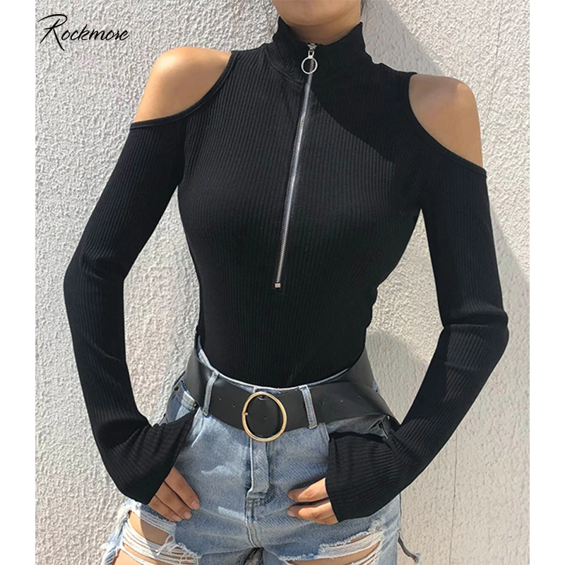 Rockmore gótico Bodycon cremallera Bodysuit mujeres algodón señoras Bodysuits ahuecado manga larga monos Streetwear otoño