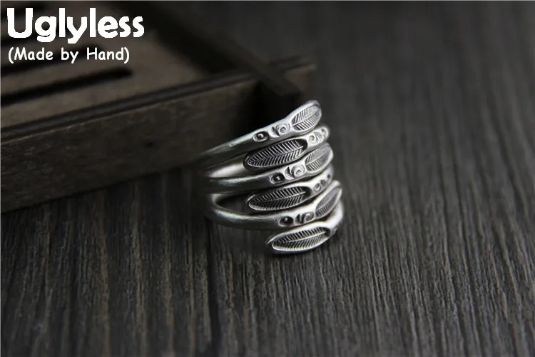 

Uglyless Real S 999 Fine Thai Silver Women Exaggerated Wide Rings Free Size Personalized Ethnic Finger Ring Engraved Leaf Bijoux