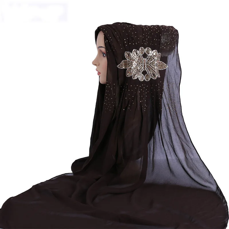 

New Women Wrinkle Design Hijab Scarves Big Appliques Rhinestone Bubble Chiffon Muslim Scarf Islam Shawl Headscarf Arab Turban